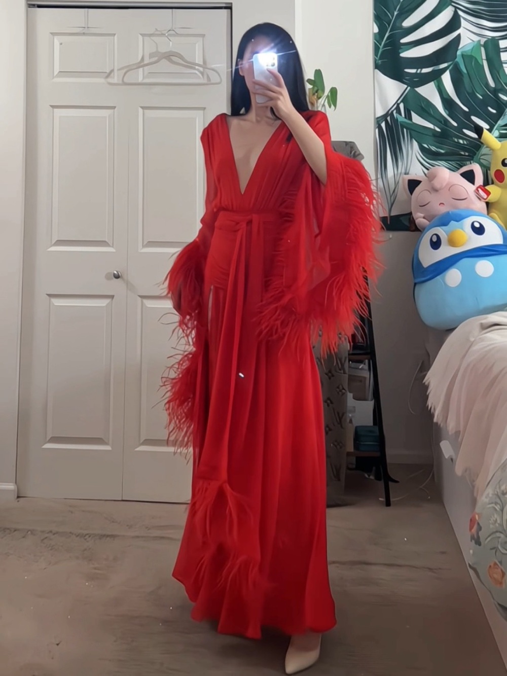 Bronx & Banco Geisha Ostrich Feather Trimmed Plunge High Slit Wrap Gown M NWOT - Picture 5 of 16